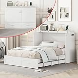 Full Murphy Bed, Modern Wall Bed with Drawer, A Set of Sockets and USB Ports, Full Size Wood Murphy Bed Cabinet Bed, Murphy Bed Chest Murphy Bed Frame for Guest Bedroom, Pulley Structure Design, White
