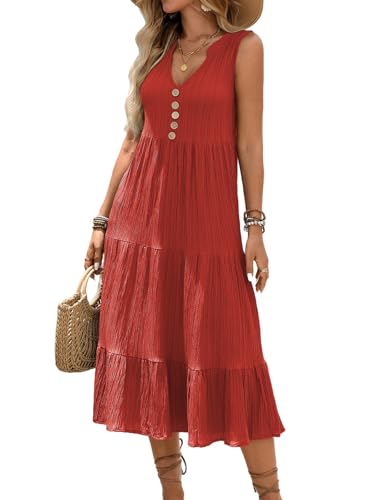 Image of HELYO Women's Casual Summer Dress 2026 Sleeveless V Neck Button Beach Sundress Tiered Ruffle Flows Skirt Midi Dresses