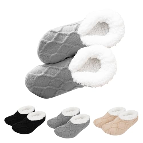 BOYSSPAA Fluffy Slipper Socks for Women Non-Slip Home Socks with Soft Fluff Lining Knitted Warm Winter Bed Socks Cozy Gifts