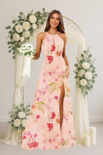 SoDigne Halter Pleated Long Bridesmaid Dresses for Women A Line Chiffon Corset Wedding Guest Gown3