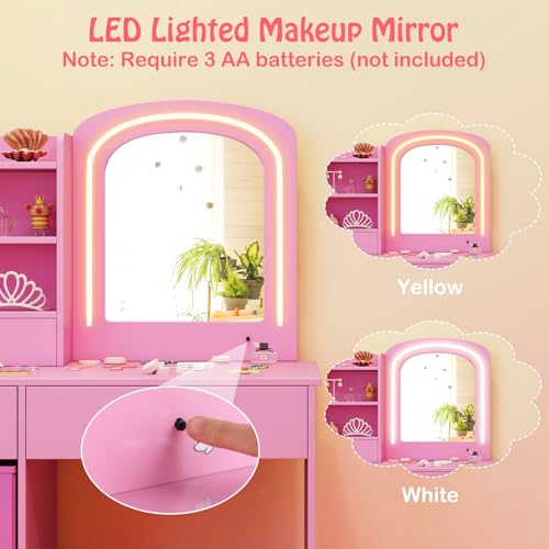 Image of HONEY JOY Kids Vanity, Little Girls Vanity Set with Mirror and Stool and Lights, Wooden Princess Makeup Dressing Table, Storage Box & Shelf, Pretend Play Kids Vanity Table and Chair Set(Pink)