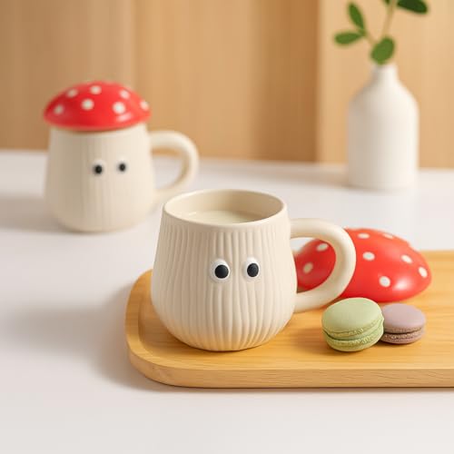 Image of The Deluxe Creations Ceramic Coffee Mug with Lid - Set of 2, 200ml Each - Cute Mushroom Mug for Coffee & Tea, Microwave & Dishwasher Safe, Gift for Christmas & New Year, Office & Home