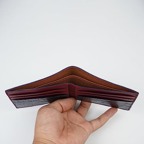 Image of HATA Navy Blue Red Exotic Bifold Wallet for Men, Billfold with Mixed Leather Interior, RFID Blocking Card Holder, Handmade Gift for Birthday, Anniversary, Father's Day VIMIX-42