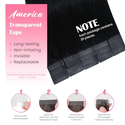Aison Jet Black Tape in Hair Extensions Human Hair 16 Inch 30G Black Invisible Tape in Extensions for Women 20 Pcs/Package