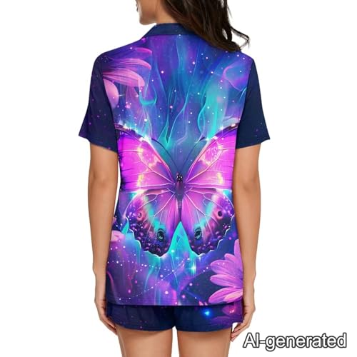 Image of Renewold Women's Short Sleeve Pajama Set Button Down Sleepwear with Notch Collar Soft Lounge Top and Shorts with Pockets