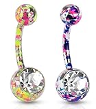 (2pcs) Paint Splatter Navel Ring with Large CZ 14G