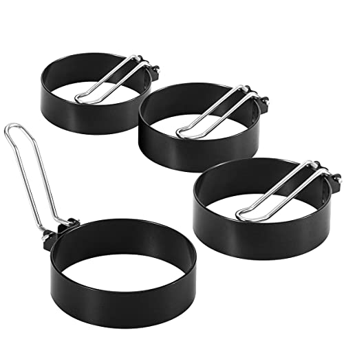 HORRAu 4pcs Anneaux d'Oeuf Antiadhésifs, Moule à Oeufs avec Poignées Pliantes en acier inoxydable, pour Beefsteak Crepes, Omelettes Cover