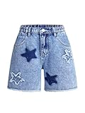 WDIRARA Girl's Star Patchwork Denim Bermuda Shorts Elastic High Waisted Raw Hem Jean Shorts Medium Wash 11Y