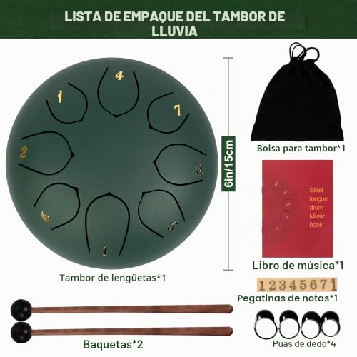 Miniatura 4 de Lomuty 6 Pulgadas 15 Cm Tambor De Lengua De Acero-8 Notas Clave C Instrumento De Percusión - Hand Pan Drum Con Bolsa De Tansporte, Partitura, Baquetas, Púas De Dedo Verde