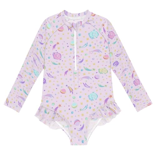 Wusikd Girls Long Sleeve Swimsuit Space Planets One Piece Bathing Suit Zipper Stars Pink Swimwear Sun Protection 5-6T
