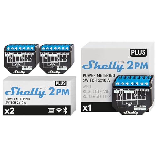 Shelly Plus 2PM, confezione da 2 & Plus 2PM interruttore Relè Wi-Fi a 2 canali, consente controllo di luci e interruttori o apertura e chiusura di tapparelle e misurazione della potenza rilevata, nero