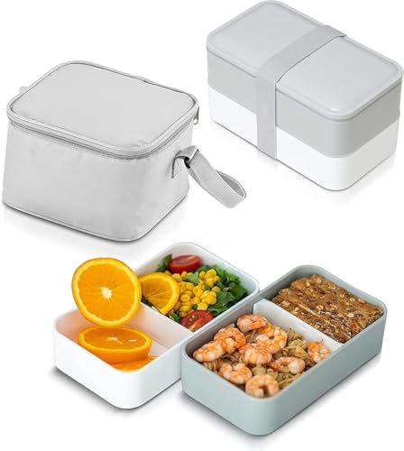 Kitchela Bento Box Lunch Box Set with Insulated Bag Japanese Style Stackable Two Tier Box with Cutlery Set for Meal Prep. Adjustable Compartments. BPA Free