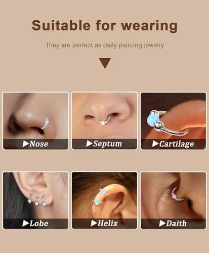 Opal Nose Rings Hoops and Corkscrew Nose Studs Sets for Women Men,Hypoallergenic 316L Surgical Stainless Steel Hinged Clicker Segment Nose Rings Hoop Helix Cartilage Daith Tragus Sleeper Earring4
