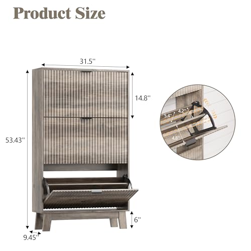Image of Shoe Cabinet Storage for Entryway with 3 Flip Drawers, Fluted Narrow Shoe Organizer with Wooden Legs, Freestanding Slim Shoe Storage Hidden Shoe Rack Organizer for Front Door Entrance, Hallway, Grey