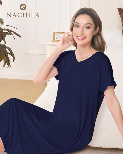 Image of NACHILA Nightgowns for Women-Viscose Made from Bamboo, V Neck Sleepshirts Short Sleeve Sleepwear Cool Nightshirt