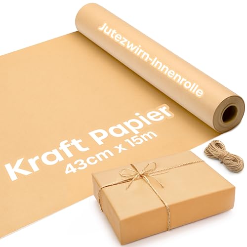 Weihnachtsgeschenkpapier, Kraftpapier mit 2 Jute Schnüre, 15m x 43cm Weihnachtsgeschenkpapier Kinder – Umweltfreundliche Weihnachtsgeschenke für Geschenkkisten & Dekoration