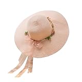 Punctualgood Women's Straw Sun Hat, Wide Brim Flower Boho Hat, Lace Ribbon Summer Beach Cap Pink