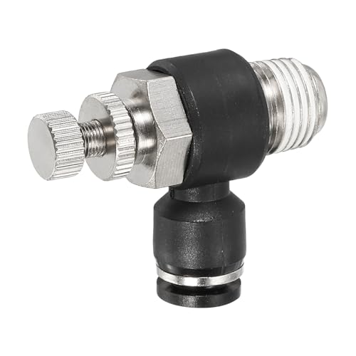 PATIKIL Pneumatic Air Flow Control Valve 1/4 Inch Tube OD x 1/4 Inch Male NPT Thread, 90 Degree Elbow Switch Valve Adapter Push to Connect Air Line Fitting, Black