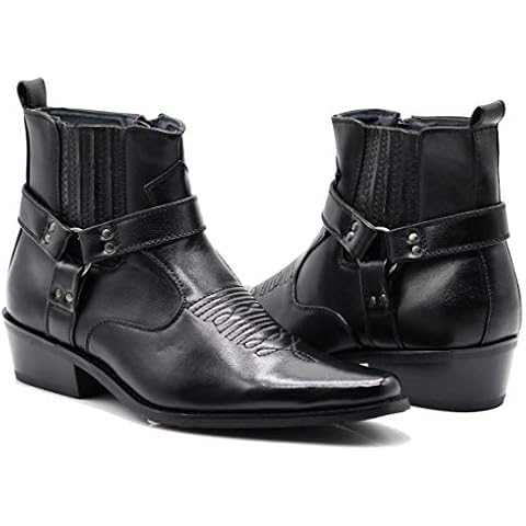 Enzo Romeo WSTN01 Men's Western Boots Side Zipper Pointy Strap Fashion Boots, Black, Medium Cover