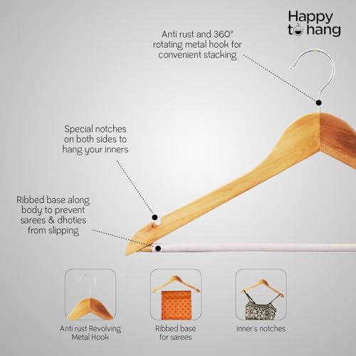 Image of Happy To Hang Timber Wooden Hangers | Premium Wooden Hanger Set with Non-Slip Bar & 360 Swivel Chrome Hook | Heavy-Duty Cloth Hangers for Shirts, Suits, Sarees & Wardrobe Storage | Pack of 16