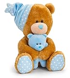 ✔ Die zuckersüßen Füße des Plüschteddys sind hell blau mit weißen Punkten. Auf der beigen Schmusetier Schnauze sitzt eine hell blaue Nase.