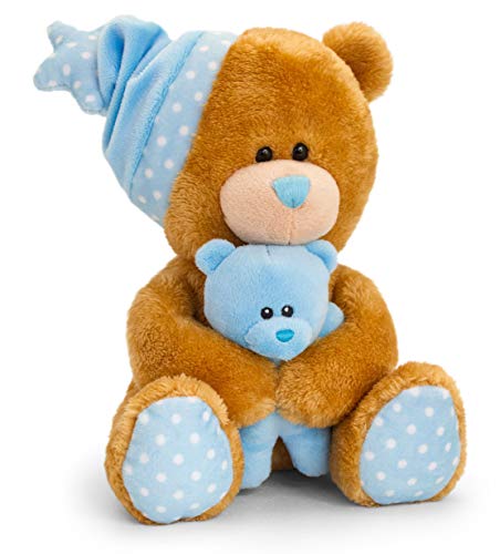 Lashuma Keel Baby Stoffbär mit Babybär und Spieluhr Blau - Braun, Kuscheltier Teddy sitzend 25 cm