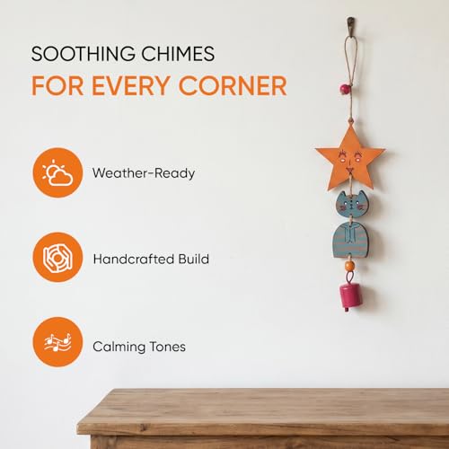 Image of Aakriti Art Creations Turquoise Kitty Wind Chime Multicolor | Handmade Modern Art Wooden & Metal Wind Chime | Matte Decorative Wind Chimes for Balcony, Garden, Living Room & Gifting