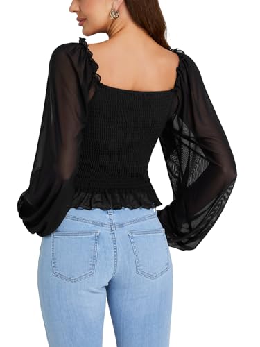 LYANER Women's Sweetheart Neck Self Tie Knot Shirred Back Mesh Lantern Long Sleeve Blouse Shirt Top2