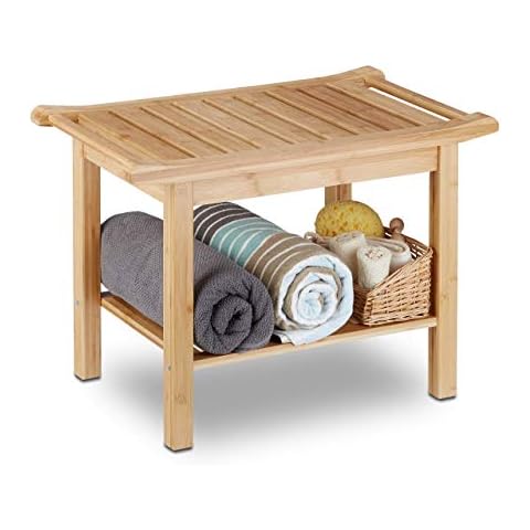 Relaxdays, Taburete Baño con Balda, Bambú, Marrón Natural Cover