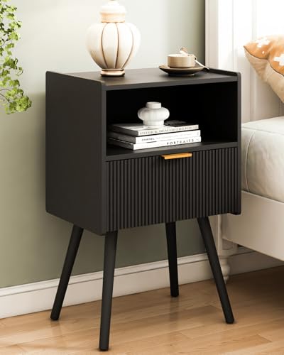 JOONEE Black Nightstand,Modern Bedside Table with Storage Drawer and Open