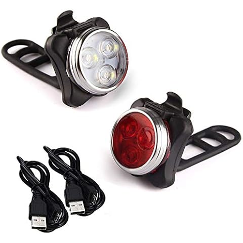 EONLYX USB Rechargeable Bike Light Set, Bicycle Headlight Taillight Combination Waterproof LED Bike Lights Set with 4 Flashing Modes, 2 USB Cables–White/Red Cover