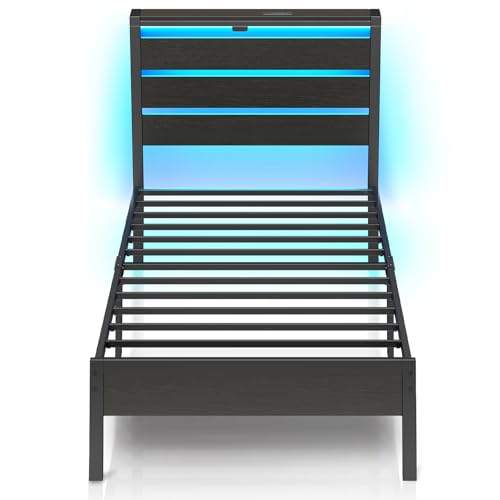 Rolanstar Bett Einzelbett mit LED, Bettgestell mit USB-Ladestation & Holzkopfteil mit Stauraum, Metallbett mit Stauraum unter dem Bett, perfekt für Schlafzimmer, 90 x 200 cm