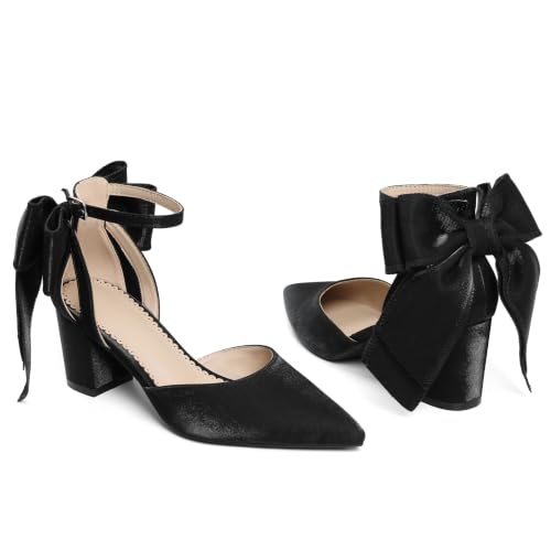 Yremael Women's Black Bow Heels Pointed Toe Pumps Satin Ankle Strap Chunky Block Kitten Heel Dress Shoes - image 4