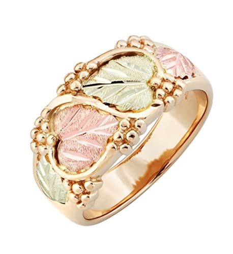 Women's Diamond-Cut S Shaped Swirl Vine Encircled by Heart Shaped Grape Leaves Wedding Ring, 10k Yellow Gold Statement Rings for Ladies, 12k Green and Rose
