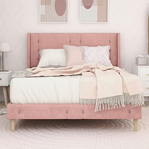 Olivae Queen Size Pink Upholstered Platform Bed Frame With Wingback/Vertical Line Button Tufted Headboard/Mattress Foundation/Wood Slat Support/No Box Spring Needed/Easy Assembly, Leathaire #TOP3