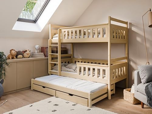 Kids Collective Hochbett 90x200 mit Ausziehbett Etagenbett mit Ausziehfunktion 2 Schubladen Lattenrost Rausfallschutz umbaubar in 3 Einzelbetten Vollholz massiv in Natur von 4. bis 18. Lebensjahr
