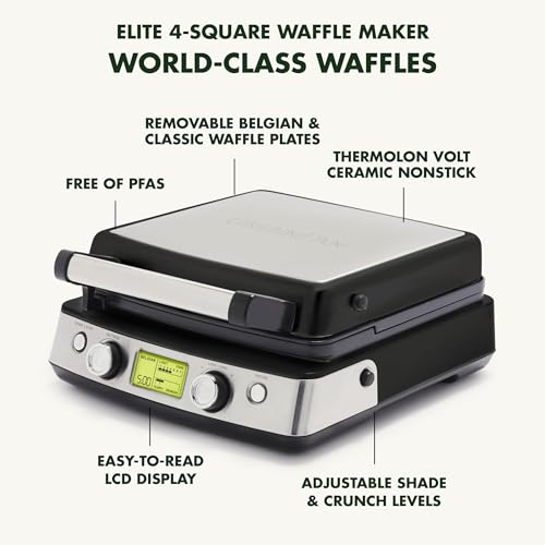 GreenPan Elite 4-Square Belgian & Classic Waffle Maker, Healthy Ceramic Nonstick Aluminum Dishwasher Safe Plates, Adjustable Shade/Crunch Control, Wont Overflow,Easy Cleanup Breakfast,PFAS-Free,Black
