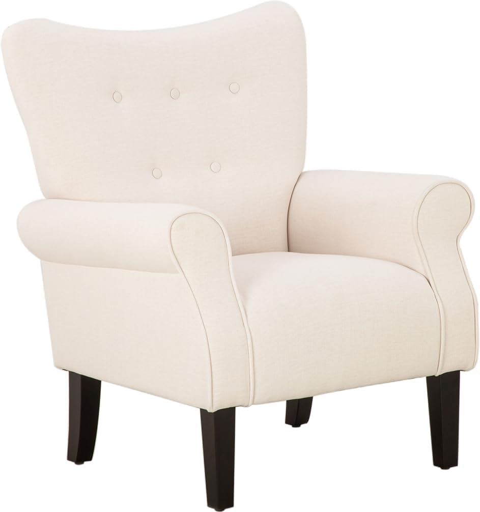 Modern Accent Chair,High Back Armchair,Upholstered Fabric Button Single Sofa with Wooden Legs for Living Room,Bedroom,Club,Beige