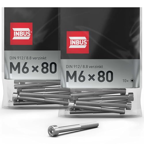 INBUS® Zylinderschrauben mit Innensechskant M 6 x 80 mm (DIN 912/ ISO 4762, 8.8 Verzinkt), 20 Stück — Das Original