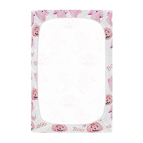 Image of Halloween Ghosts Pink Crib Sheets Soft Breathable Fitted Baby Playard Sheets Mattress Cover for Girl Boys, 39 inch x 27 inch x 5 inch
