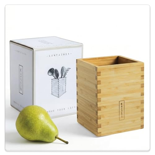 KAIZEN Natural Bamboo Utensils Holder for Kitchen Counter - Premium Bamboo Wood Utensil Organizer with Anti Slip Base - Rustic & Functional Cooking Tool Holder for all types of Utensils (Natural)