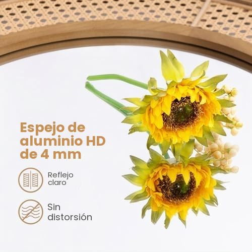 FANTASK Espejo de Pared Redondo de ratán, diámetro 65 cm, Espejo Decorativo con Marco de Madera, Cristal de Aluminio y Ganchos, Espejo Decorativo para Pared
