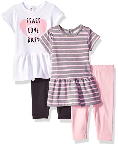Hanes Baby Flexy Set-2 Short Sleeve Tunics with 2 Leggings, Pink/Grey Stripe, 6-12 Months