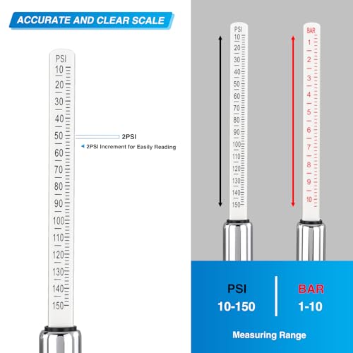 Image of Nilight Dual Head Tire Pressure Gauge Heavy Duty Truck Air Chuck Range 10-150PSI 1-10Bar Tire Pressure Checker Straight-On Tire Air Gauge Extended Tube for Semi Truck, RV, Car, Motorcycle