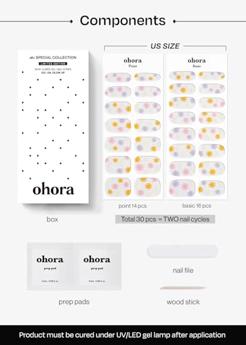 Image of ohora Semi Cured Gel Nail Strips (N Daisy Disco) - Rainbow, Works with Any UV /LED Lamps, Salon-Quality, Long Lasting, Easy to Apply & Remove - Includes 2 Prep Pads, Nail File & Wooden Stick