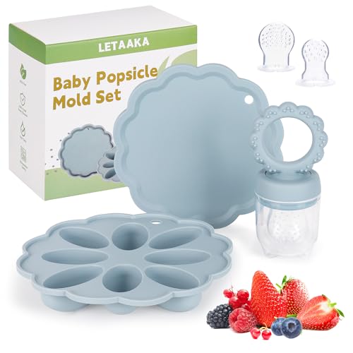 Image of Silicone Baby Fruit Food Feeder Breastmilk Popsicle Mold Set, Baby Teething Toy for Safe Infant Self Feeding, Baby Food Freezer Tray with Lid for Teething Relief Includes 3 Food Pacifiers(Blue)