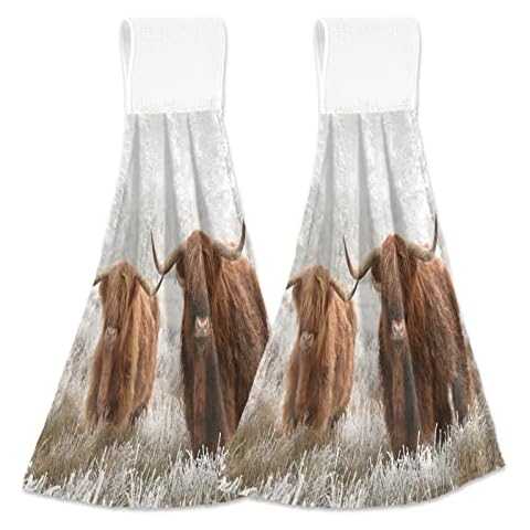 Scottish Highland Cow Kitchen Hand Towel 2Pieces Super Soft Absorbent Western Deco Hanging Tie Towels Dishcloth for Bathroom Tea Bar Tabletop Farmhouse Beach Cover