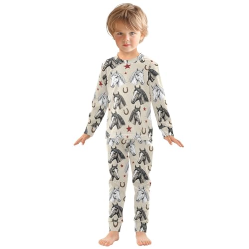 Pajama Sets Long Sleeve Horse Heads Stars Horseshoes Pattern Soft Comfy Sleepwear 2 Piece PJS 3-8T2