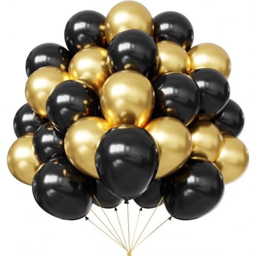 YMSZ Lot de 67 ballons noirs et dorés de 30,5 cm, métallisés dorés et noirs, pour anniversaire, retraite, remise de diplôme, décorations de fête du...