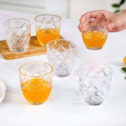 Image of Nestasia Transparent Small Juice Glasses Set of 6 (260 ml Each) - 100% Food Safe & Dishwasher Safe Diamond Cut Tumblers - Ideal for Water, Tea, Coffee & Refreshments - Perfect for Gifting